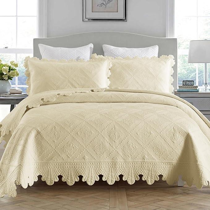 MarCielo 3-Piece 100% Cotton Oversized Bedspread Lightweight Quilt Coverlet Embroidery Farmhouse Bedding Set (Tk Beige Khaki, Oversized Queen (100