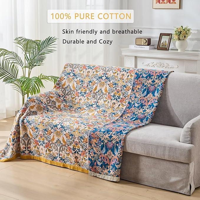 Boho Throw Blanket Reversible Cotton Bohemian Tapestry,100% Cotton Throw Blanket for Couch,Sofa,Chair,Lightweight Summer Quilt Soft 4-Layer Muslin Blanket for Farmhouse,Picnic Decor 50