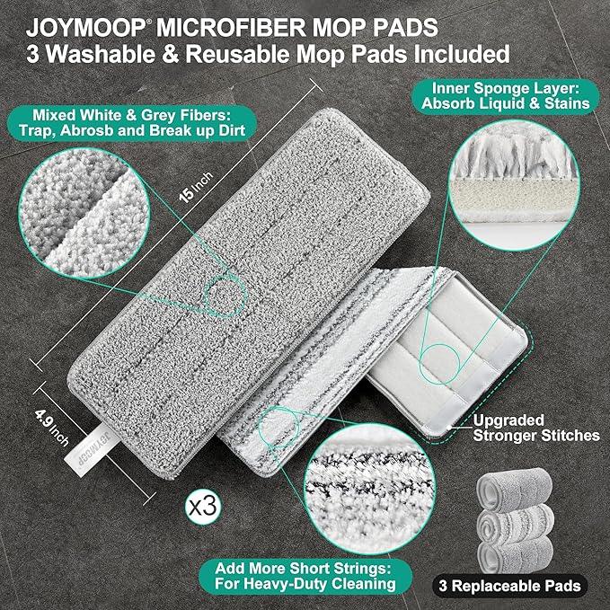 JOYMOOP Mop and Bucket with Wringer Set, Flat Squeeze Mop with Bucket (X-Large), Dust Mop for Wall Cleaner with Long Handle, Microfiber Mop - White Bucket with 3 Reusable 15