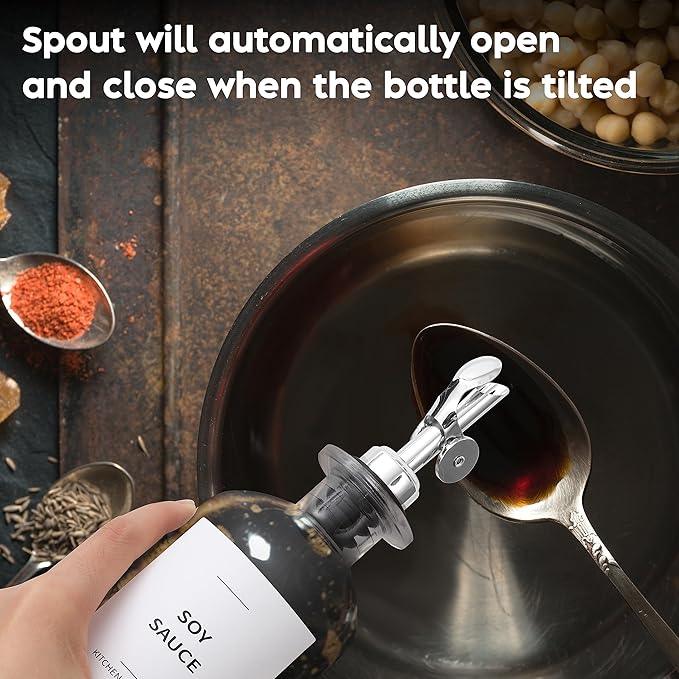 Olive Oil Dispenser Bottle - Includes 55 Kitchen Essential Labels - Cooking Oil Bottles for Kitchen, Coffee Syrup Dispenser - Pourer Spout with 11.8 fl oz Glass Container Cruet - 2pcs Silver
