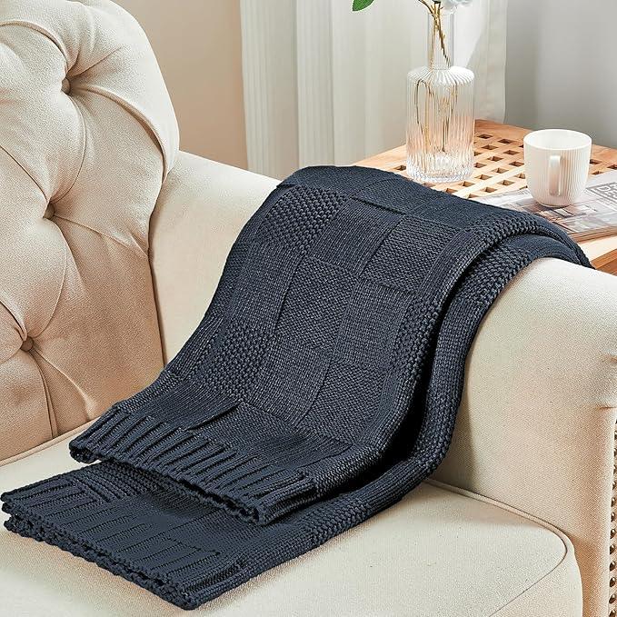 CozeCube Check Knit Throw Blanket, Midnight Navy Checkered Throw for Couch, Decorative Christmas Soft Cozy Warm Knitted Blanket for Bed Sofa Living Room, 60