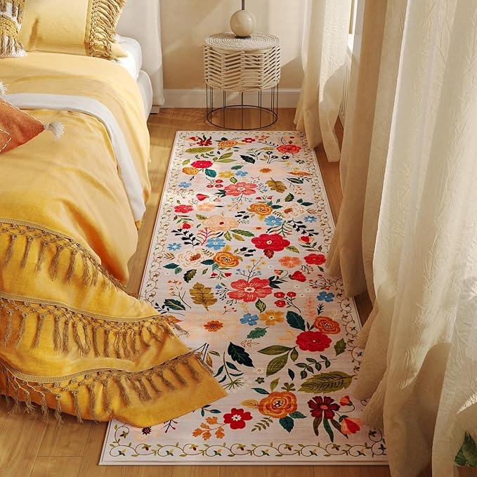 Runner Rug for Hallways Kitchen Rug Non Slip 2'x 6' Washable Rugs with Rubber Backing Soft Floral Carpet Runner for Hallways, Kitchen, Laundry, Bedroom, Bathroom(Beige)