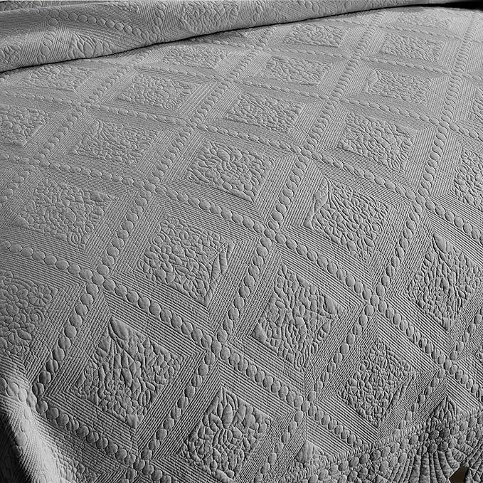 MarCielo 3-Piece 100% Cotton Oversized Bedspread Lightweight Quilt Coverlet Embroidery Farmhouse Bedding Set (Tk Light Grey, Oversized Queen (100