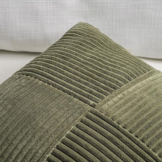 Fancy Homi Set of 2 Olive Green Boho Long Lumbar Body Decorative Throw Pillow Cover 14x36 Inch for Bed Couch Bedroom Bench, Soft Patchwork Corduroy Textured Pillow Case, Rustic Farmhouse Room Décor