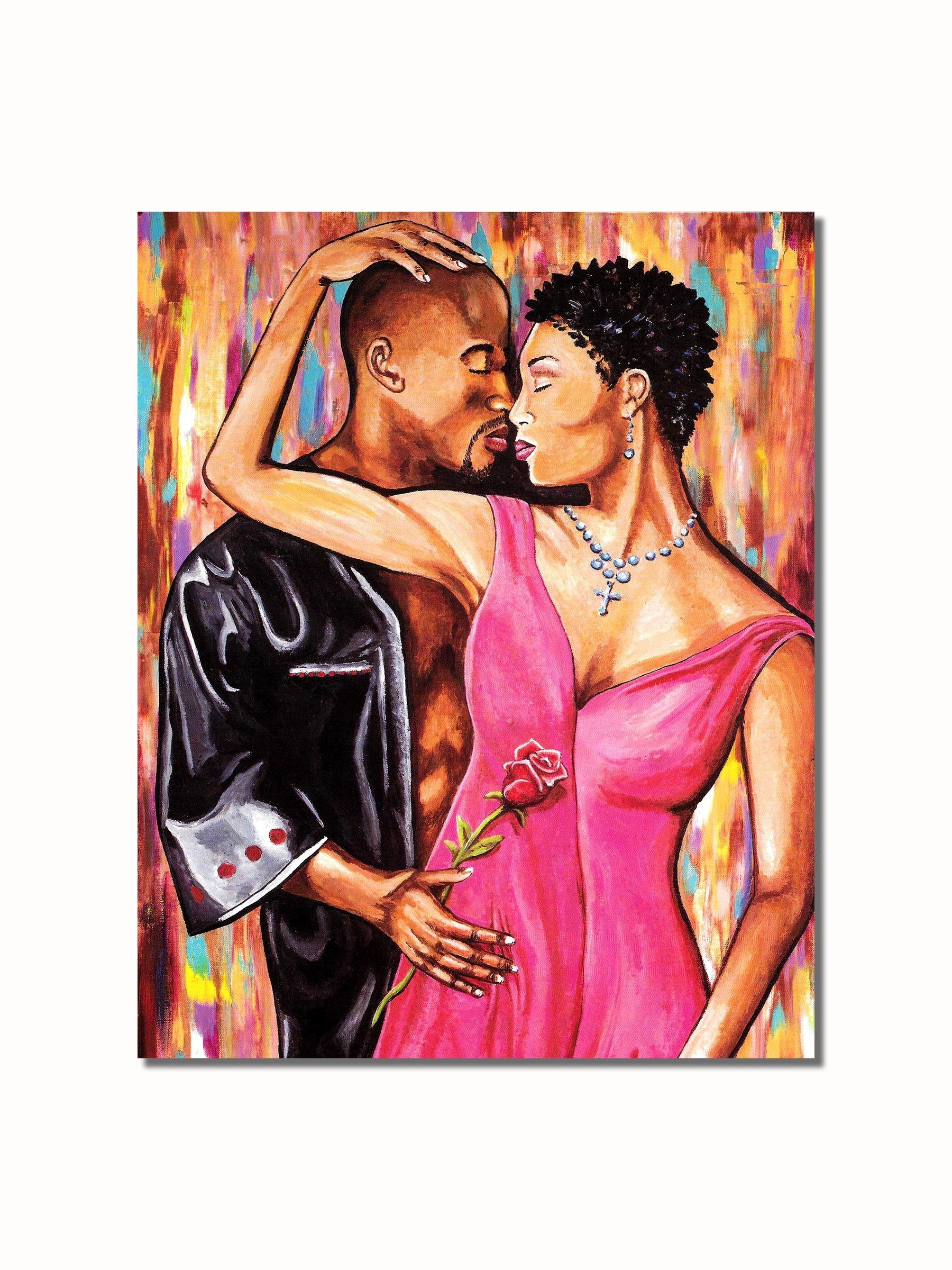 African American Couple Art - Black Couple Print 8x10 Rose With Love Wall Decor
