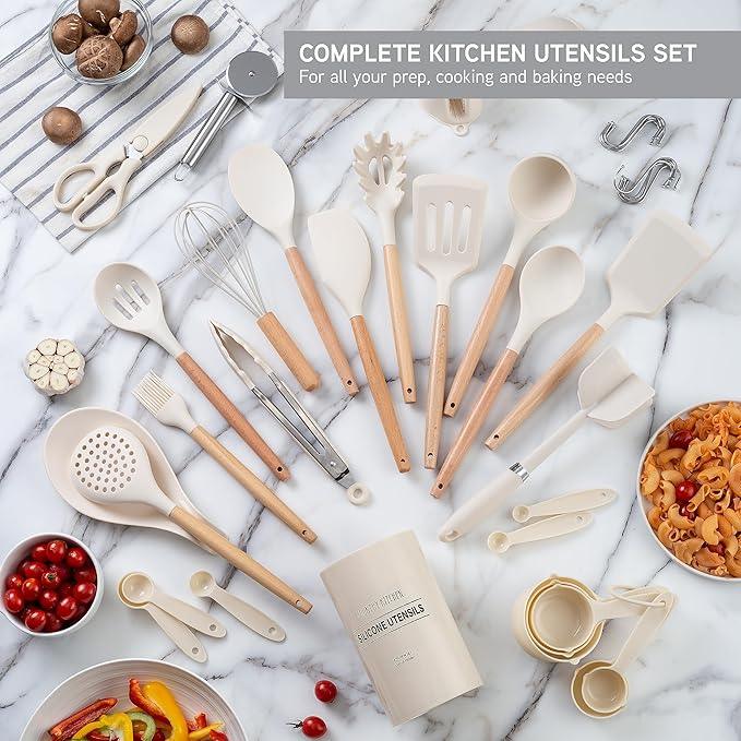 Country Kitchen Non Stick Silicone Utensil Set with Rounded Wood Handles for Cooking and Baking, 38 Piece Set, Khaki