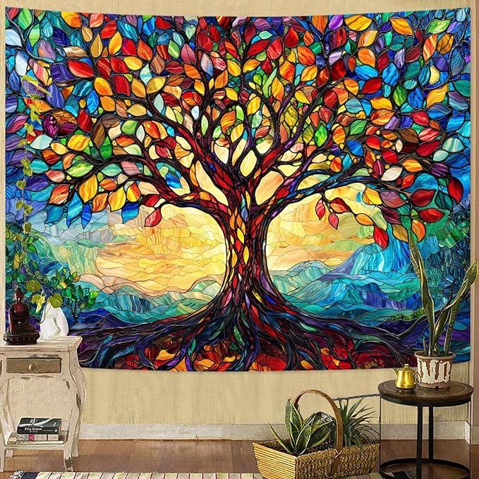 Lunerfex Tree of Life Tapestry Stained Glass Tapestry Wall Decor Tapestries for Bedroom Art Tapestries Wall Hanging for Bedroom Living Room Glass-Tree-01 60