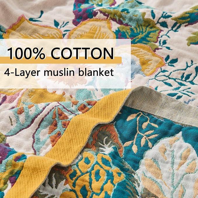 Boho Throw Blanket, Ultra Soft Rustic Quilt for Bed, Lightweight Fall Throws Blanket Muslin Blankets for Adults, Picnic, Farmhouse Decor, Cozy 100% Cotton Throw Blankets, Happiness, 60