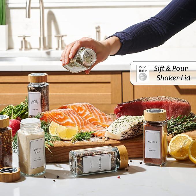 Set of 24 Glass Spice Jars with Various Labels, Bamboo Shaker Lids & Funnel, Kitchen Storage Jars with Airtight Lid, Spices & Seasonings Sets Organizer, Spice Containers, Glass Jar Food Canister