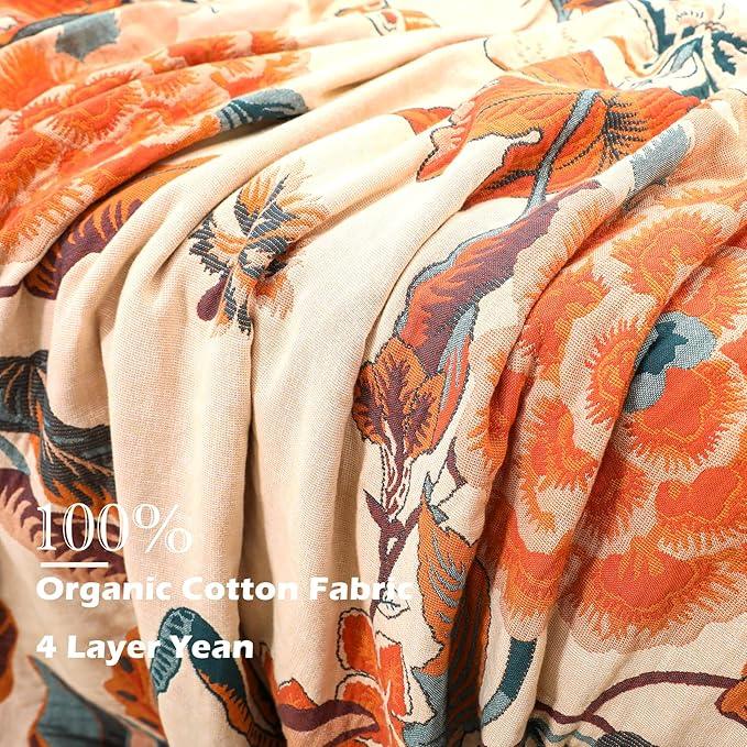 Boho Throw Blanket, 100% Organic Cotton Breathable Soft Lightweight All Season Rustic Bed Throw - Floral Bird Farmhouse Decor Blanket for Sofa Couch Chair Quilt and Gift. 60
