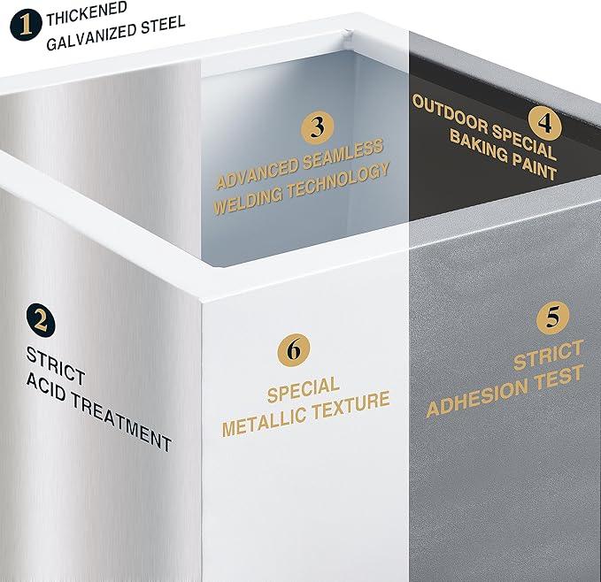 Metallic Heavy Tall Outdoor/Indoor Planter Box, Seamless Metal Planter, Rectangular, 14”Lx14”Wx30”H, ‎25 Pounds Each, Pure White, No Assembly and Seamless, Set of 2