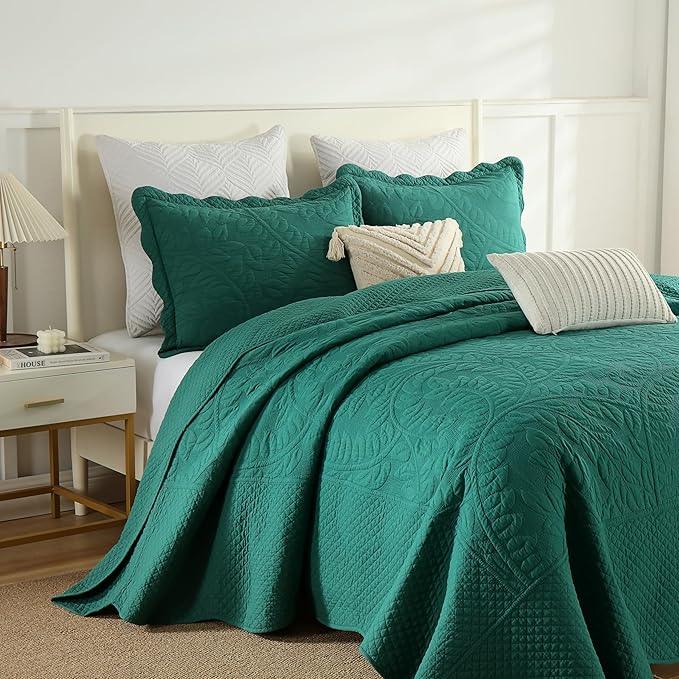 MarCielo 3-Piece 100% Cotton Oversized Bedspread Lightweight Quilt Coverlet Embroidery Farmhouse Bedding Set T0 (Emerald, Oversized King (118