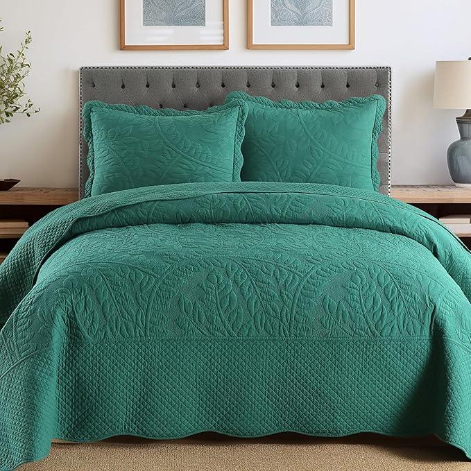 MarCielo 3-Piece 100% Cotton Oversized Bedspread Lightweight Quilt Coverlet Embroidery Farmhouse Bedding Set T0 (Emerald, Oversized King (118