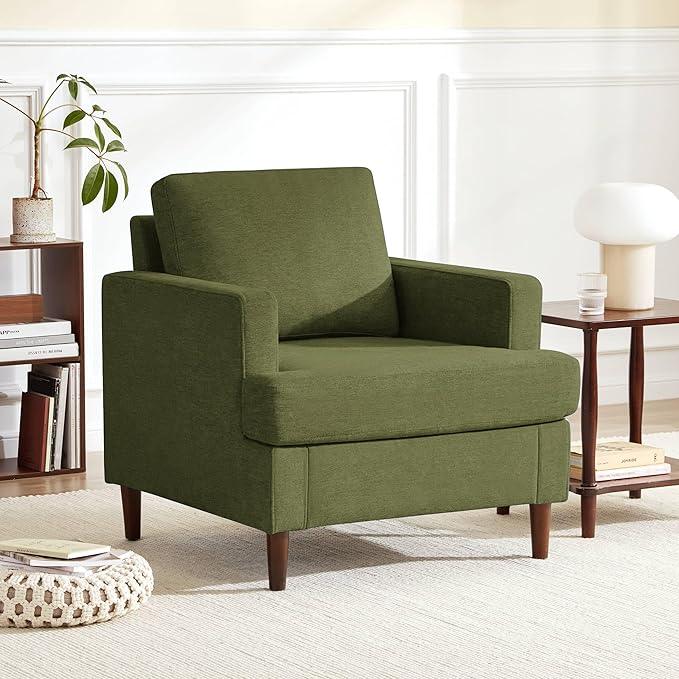 Mid-Century Accent Chair,Modern Linen Fabric Armchair for Living Room,Comfy Upholstered Reading Accent Chairs for Bedroom,Single Sofa Chair with Wood Legs (Green, 1 Pack)