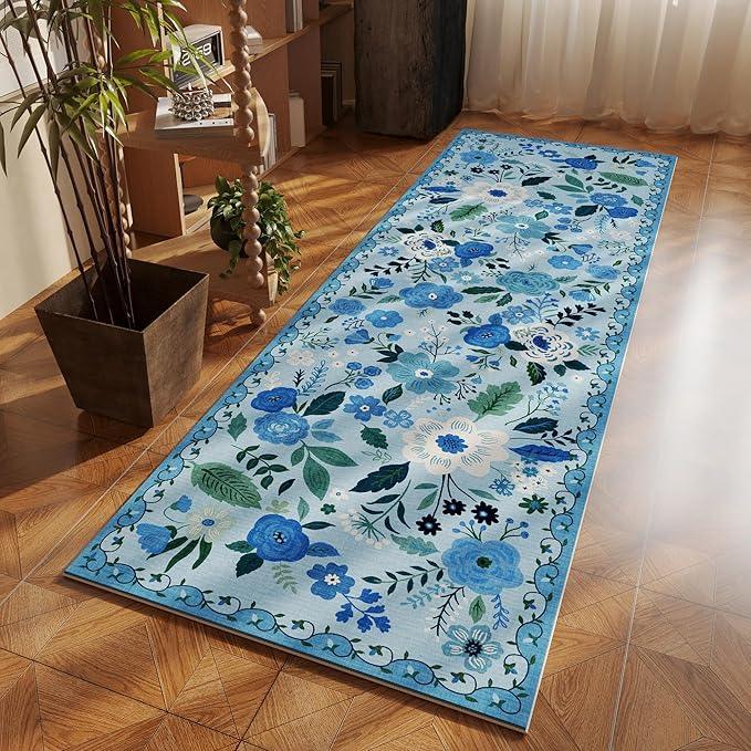 Runner Rug for Hallways Kitchen Rug Non Slip 2'x 6' Washable Runner Rugs with Rubber Backing Soft Floral Carpet Runner for Hallways, Kitchen, Laundry, Bedroom, Bathroom(Blue)