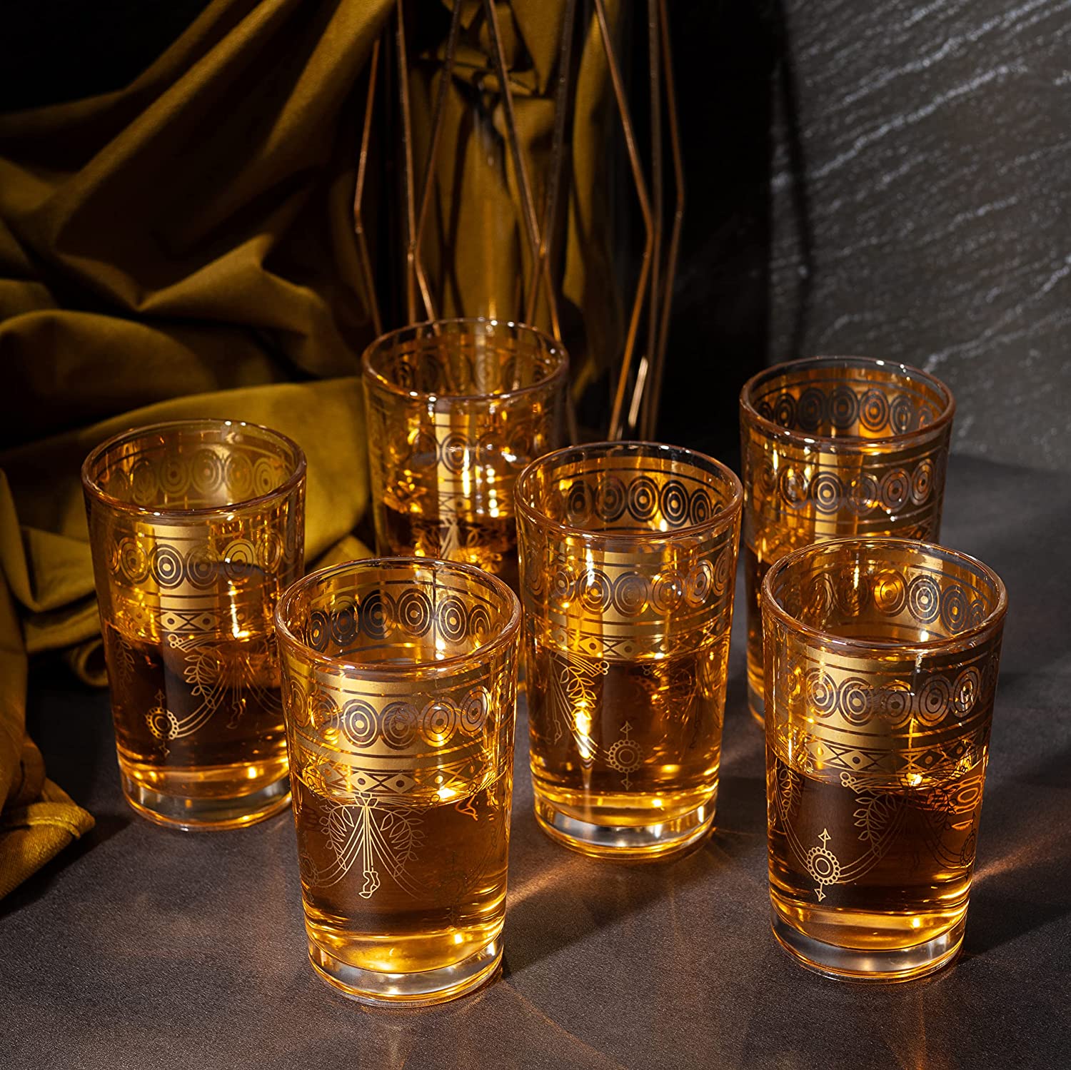 Gold Moroccan Glasses Artisan Hand-Made Multipurpose 220 ml 7.5 oz Tea and Wine Morrocan Tumbler Marrakech & Casablanca Tea Cups Set of 6, by The Wine Savant