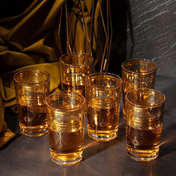 Gold Moroccan Glasses Artisan Hand-Made Multipurpose 220 ml 7.5 oz Tea and Wine Morrocan Tumbler Marrakech & Casablanca Tea Cups Set of 6, by The Wine Savant