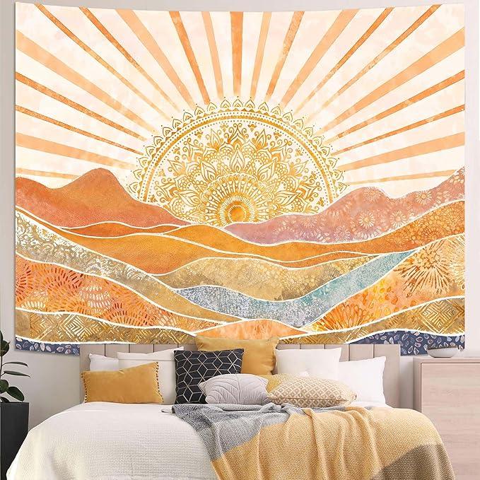 Lunerfex Bohemian Mandala Sunrise Wall Tapestry, Abstract Mountain Scenery Tapestries for Home Decor, Boho Tapestry 80x60 Inch