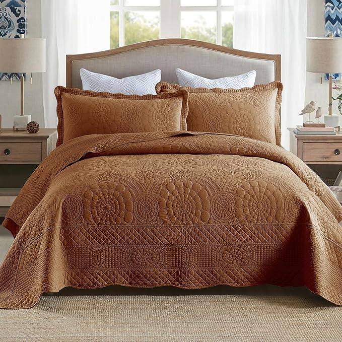 MarCielo 3-Piece 100% Cotton Oversized Bedspread Lightweight Quilt Coverlet Embroidery Farmhouse Bedding Set (Tf Dusty Orange, Oversized Queen (100