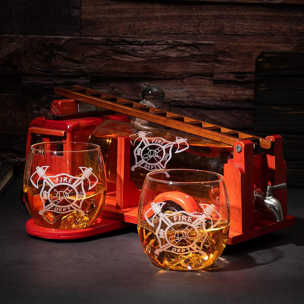 Firetruck Whiskey Decanter with Two 12 oz Glasses Gift Firefighter Gifts, Fireman, Firetruck Figurine, Police Gifts, Fire Department Gifts, Gifts for Firefighters! 600ml 13