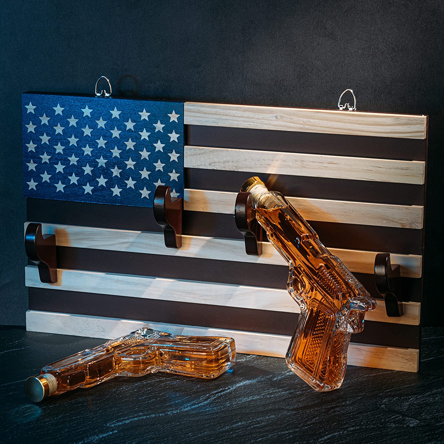 Pistol Whiskey Decanter Set of 2 300ml On American Flag Wall Rack by The Wine Savant - Tik Tok Gun Decanter, Veteran Gifts, Military Gifts, Home Bar Gifts, Law Enforcement Gifts