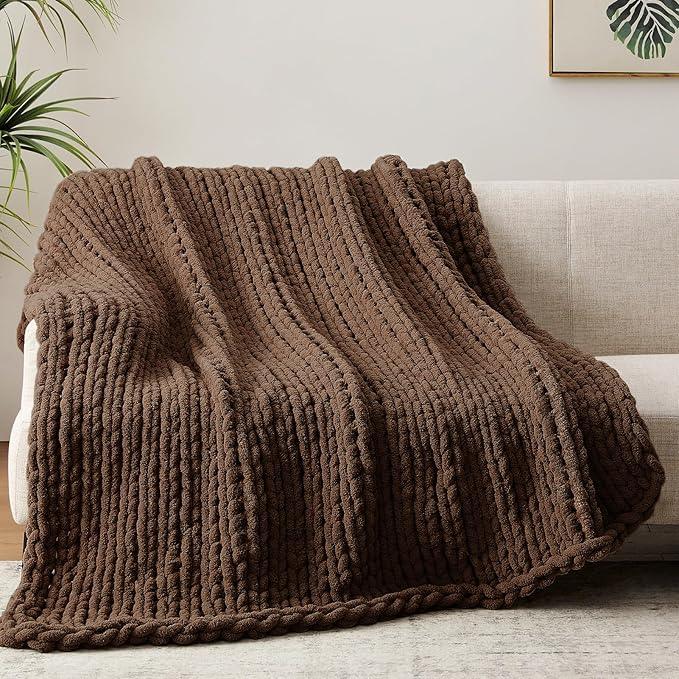 Chunky Knit Throw Blanket, 30''*40'' Knitted Throw Chenille Yarn for Bed Couch, Handmade Dark Brown Crochet Big Thick Blanket, Machine Washable Cute Comfy Blanket for Home Decor