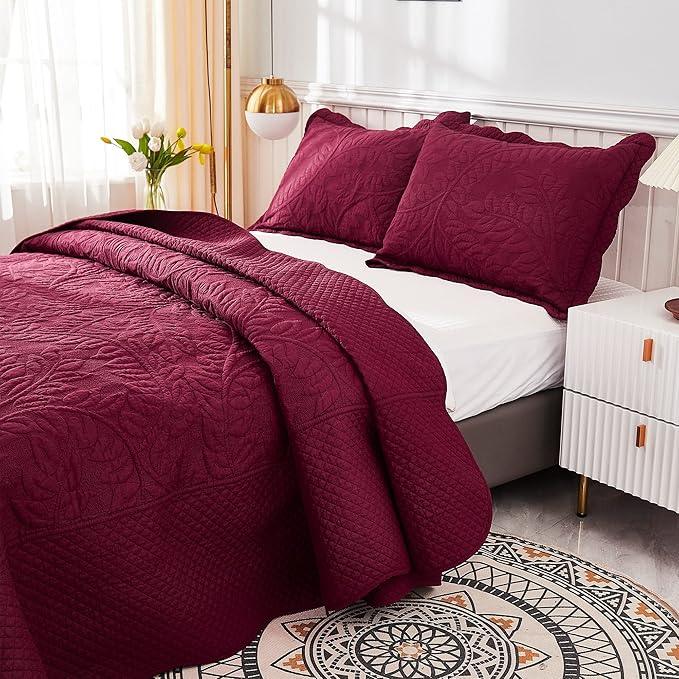 MarCielo 3-Piece 100% Cotton Oversized Bedspread Lightweight Quilt Coverlet Embroidery Farmhouse Bedding Set T0 (Wine Burgundy, Oversized King (118