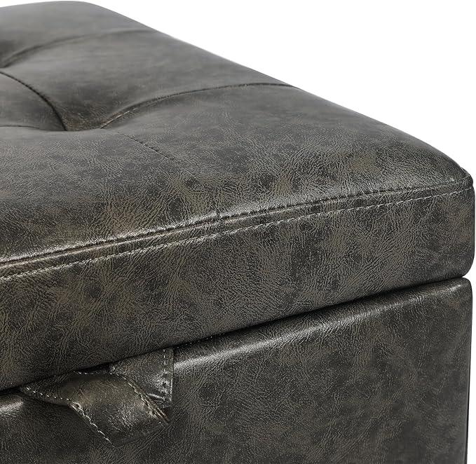 Adeco Faux Leather Storage Ottoman Bench with Wood Legs, 17.7