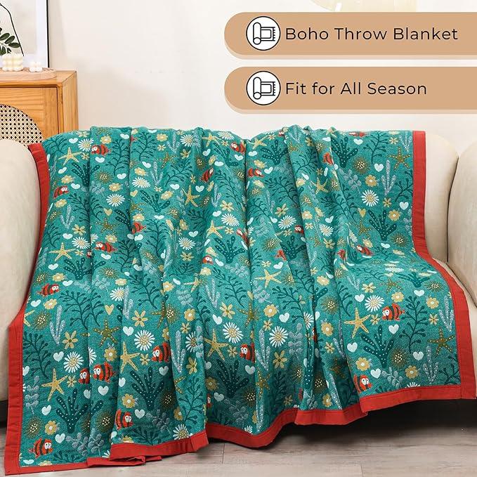 Boho Throw Blanket 90''x98'',100% Cotton Blankets for Couch Bed,Cotton Quilt Travel Muslin Blankets Farmhouse Home Decor Soft Lightweight Picnic Blanket