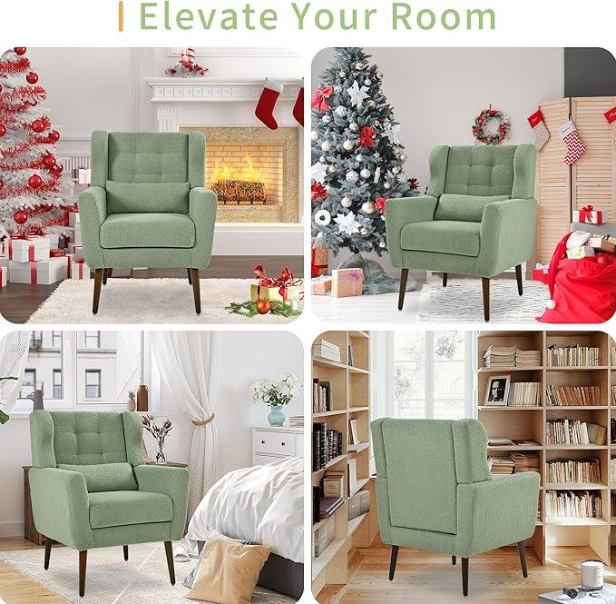 Modern Accent Chair, Upholstered Armchair with Pillow, Teddy Single Sofa Chair with Lounge Seat and Wood Legs Accent Chair for Living Room Bedroom Small Spaces