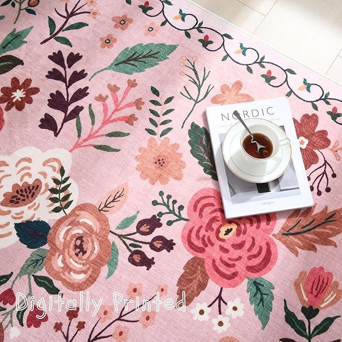 Door Mat Indoor Entrance 2x3 Rug Machine Washable Boho Floral Small Area Rug Non-Slip Low Pile Throw Rugs for Entryway, Kitchen, Front Door Indoor Entrance, Entry, Kids Room (Pink)