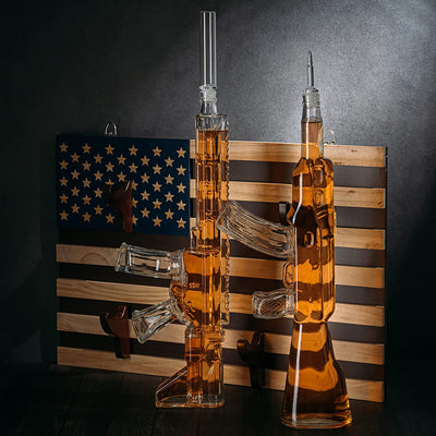 2 Gun Whiskey Decanters Set AR15 and AK47 Gun Decanter 1000ml American Flag Wall Rack by The Wine Savant - Veteran Gifts, Gun Lover Gifts, Tik Tok Gun Decanter, Military Gifts