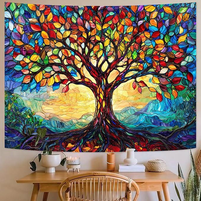 Lunerfex Tree of Life Tapestry Stained Glass Tapestry Wall Decor Tapestries for Bedroom Art Tapestries Wall Hanging for Bedroom Living Room Glass-Tree-01 60