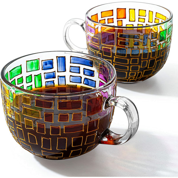 The Wine Savant Renaissance Stained Glass Windows Mugs, Artisanal Hand Painted Set of 2 - Gift Idea for Her, Him, Birthday, Mom, Housewarming - Art Deco Coffee and Tea Set 3.5