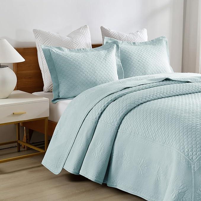 MarCielo 3-Piece 100% Cotton Oversized Bedspread Lightweight Quilt Coverlet Embroidery Farmhouse Bedding Set (TM Mint Green, Oversized King (118