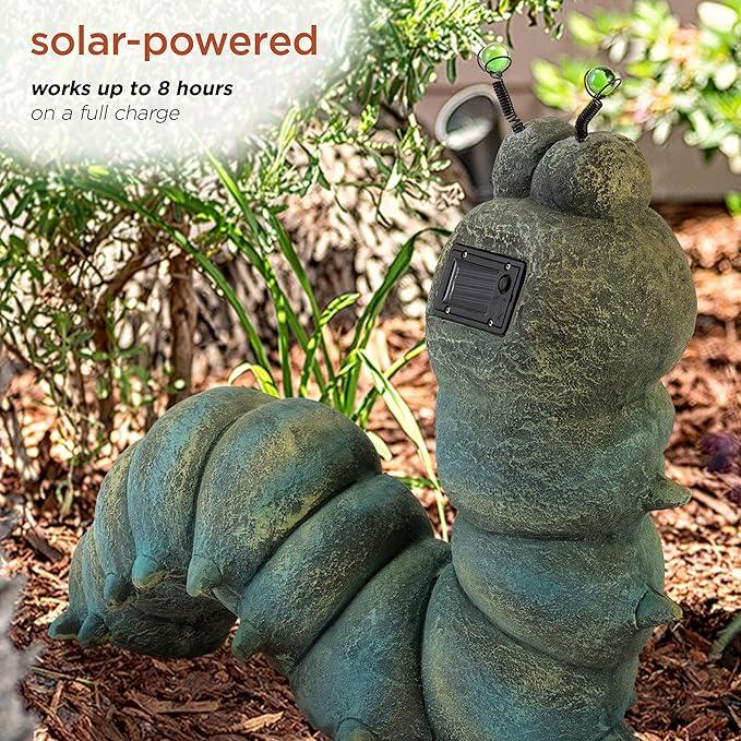 Alpine Corporation FCC121SLR Outdoor Solar Powered Garden Caterpillar Statue with LED Lights, LED Solar Garden Décor, 16
