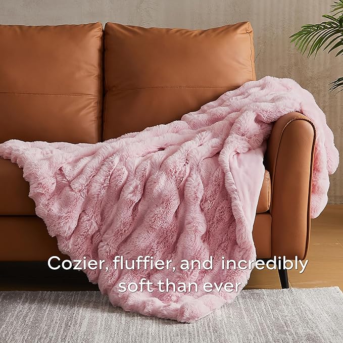 JELLYMONI Faux Fur Throw Blanket, Pink Fuzzy Cozy Plush Bubble Bed Blanket, Thick and Warm King Size (108