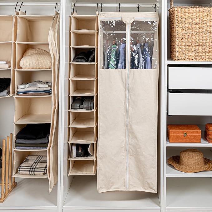 Household Essentials Hanging Shoe Organizer, 10 Wide Cubbies with Cedarline Pockets, Heavy-Duty Cotton Canvas, Removable and Industrial Hooks, Natural