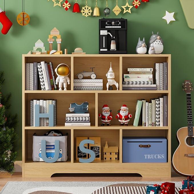 Book Shelf, 8 Cubes Storage Organizer, 3-Tier Open Shelf Wooden Bookcase, Freestanding Log Bookshelf Cube Shelf for Bedroom, Living Room, Home Office