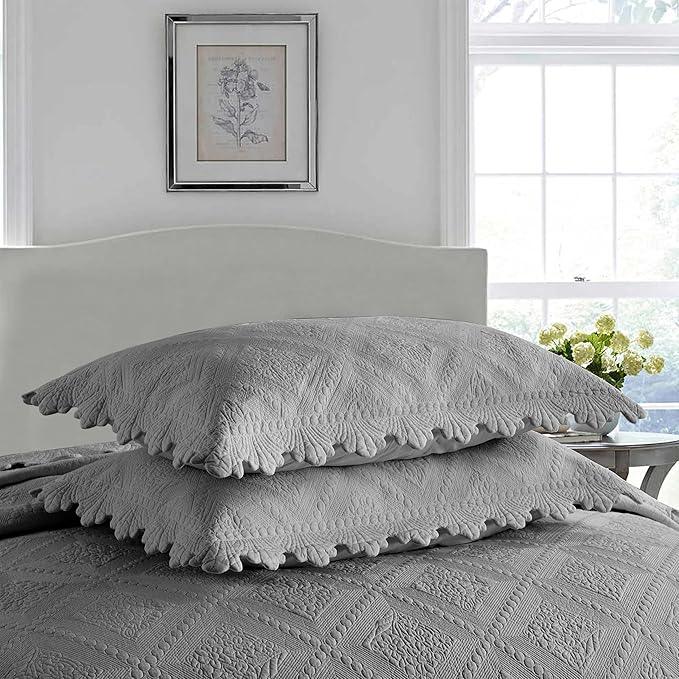MarCielo 3-Piece 100% Cotton Oversized Bedspread Lightweight Quilt Coverlet Embroidery Farmhouse Bedding Set (Tk Light Grey, Oversized Queen (100