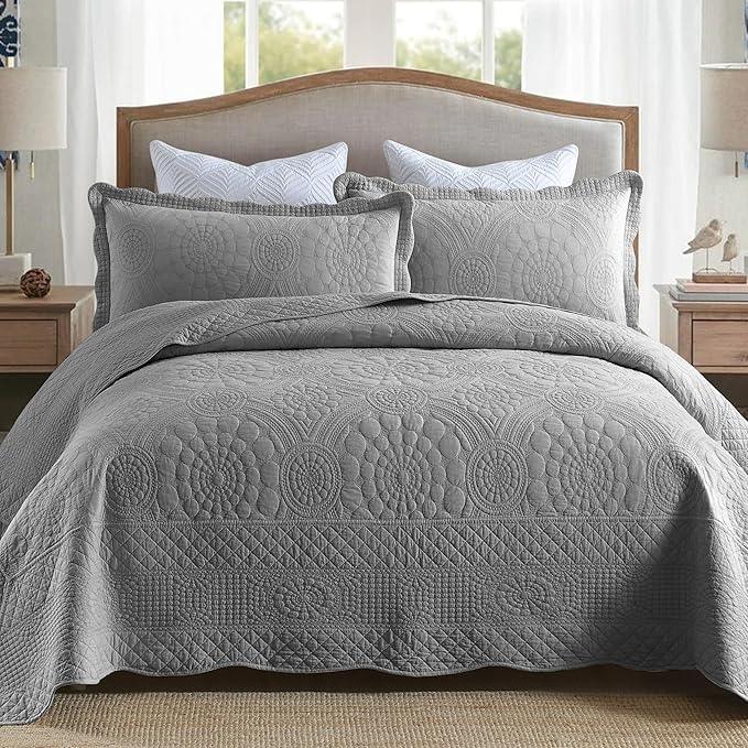 MarCielo 3-Piece 100% Cotton Oversized Bedspread Lightweight Quilt Coverlet Embroidery Farmhouse Bedding Set (Tf Light Grey, Oversized Queen (100