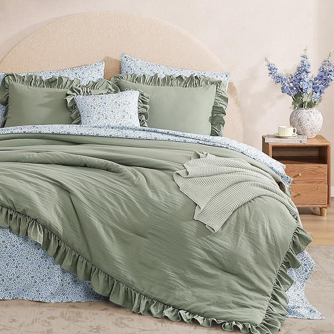 King Comforter Set - 7 Pieces Ruffle Sage Green Bedding Sets, Shabby Chic Farmhouse Bed in a Bag King with Ruffle Comforter, Floral Sheets, Pillowcases & Shams