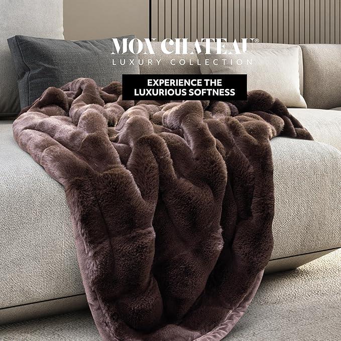 Mon Chateau Premium Reversible Luxury Faux Fur Throw for Couch, Sofa, or Bed - Plush Cozy Soft Blanket for Sleeping or Home Décor, 60