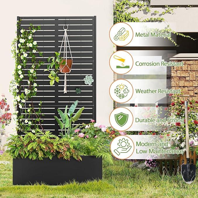 Trellis for Climbing Plants Outdoor，Mental Garden Bed with Drainage Holes Outdoor Privacy Screen Design Tall planters for herb Flower Vegetables 73