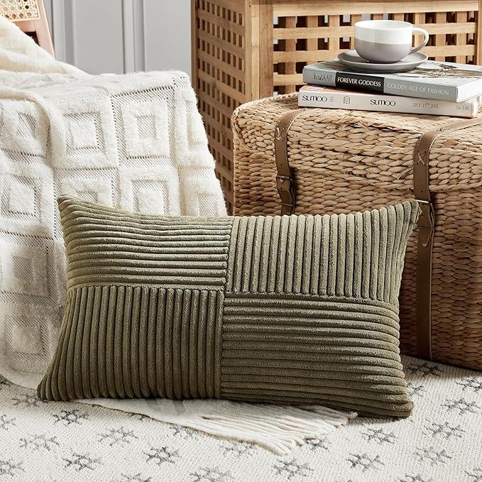 Fancy Homi 2 Packs Olive Green Long Lumbar Decorative Throw Pillow Covers 16x24 Inch for Couch Bed Sofa, Rustic Farmhouse Boho Home Decor, Soft Striped Corduroy Rectangle Accent Cushion Case 40x60 cm