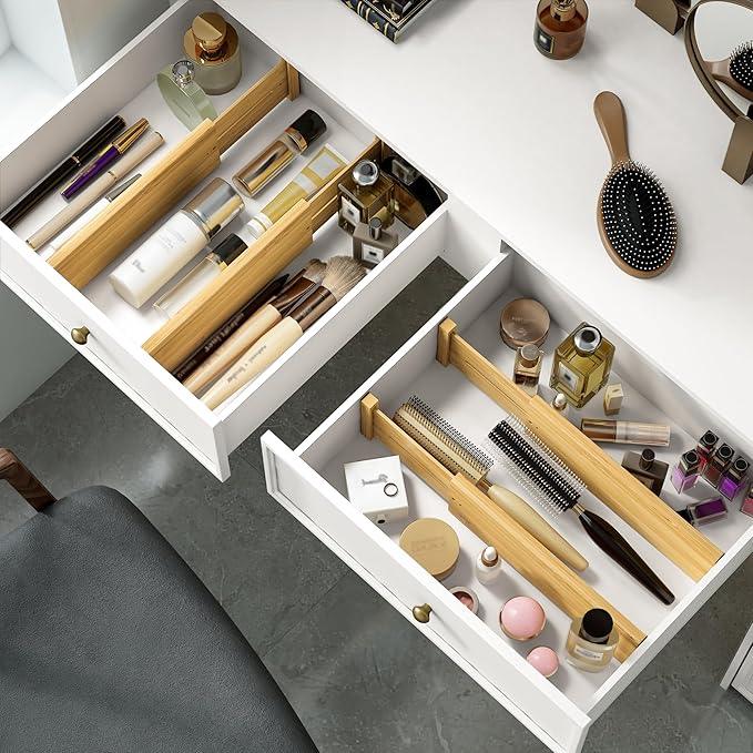 BAMEOS 4 PCS Bamboo Drawer Divider Adjustable Drawer Dividers Kitchen Drawer Organization Utensil Organizers for Kitchen Dresser Bathroom Bedroom and Office