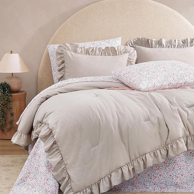 Full Comforter Set - 7 Pieces Ruffle Beige Bedding Sets, Shabby Chic Farmhouse Bed in a Bag Full with Ruffle Comforter, Floral Sheets, Pillowcases & Shams