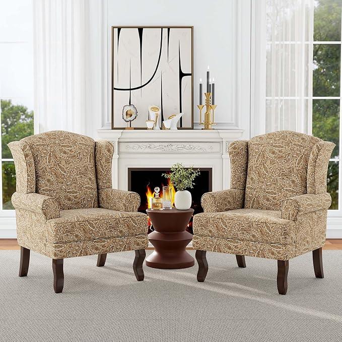 Accent Chair, High Back Upholstered Armchair with High Resilience Sponge & Wood Legs, Mid-Century Modern Comfy Single Sofa Reading Chairs for Living Room, Bedroom (Floral Light Brown, Set of 1)
