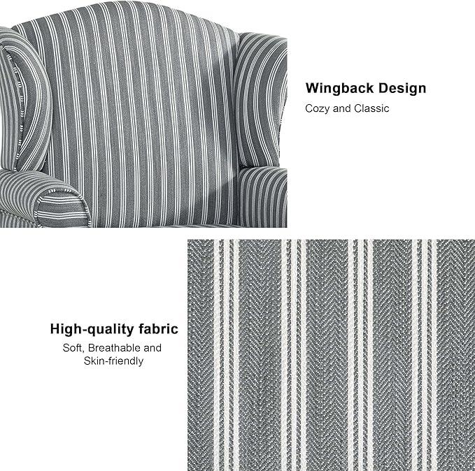 Accent Chair, High Back Upholstered Armchair with High Resilience Sponge & Wood Legs, Mid-Century Modern Comfy Single Sofa Reading Chairs for Living Room, Bedroom (Stripe Grey, Set of 2)
