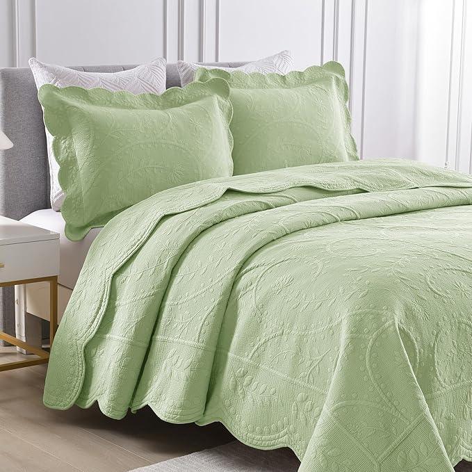 MarCielo 3-Piece 100% Cotton Oversized Bedspread Lightweight Quilt Coverlet Embroidery Farmhouse Bedding Set (TX Pale Green, Oversized King (118